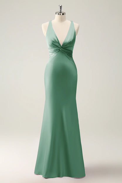 Eucalyptus Mermaid V Neck Satin Long Bridesmaid Dress