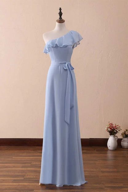 One-Shoulder Ruffled A-Line Long Bridesmaid Dress