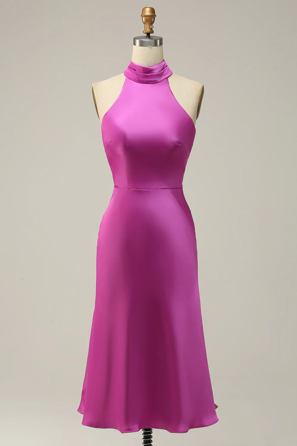 Fuchsia Halter Neck Open Back Midi Prom Dress