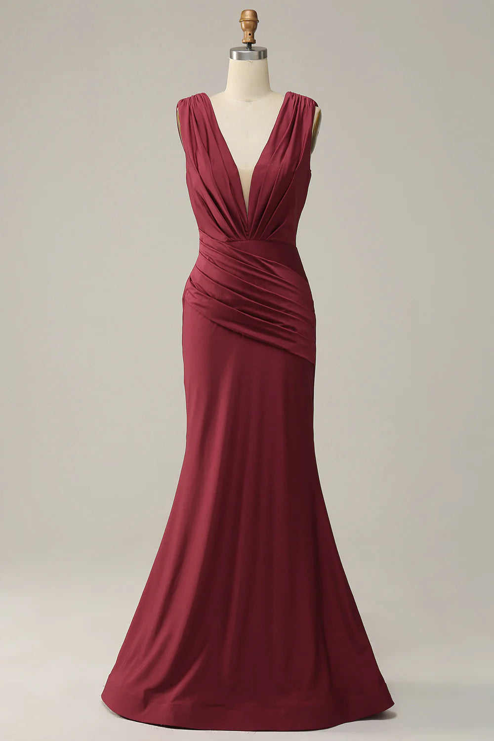 Burgundy Deep V Neck Ruched Prom Dress