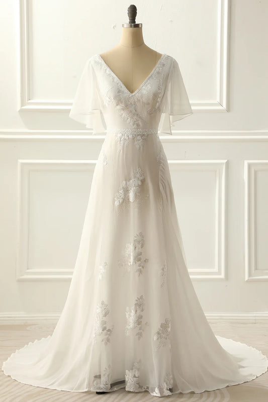 Engagement Formal Wedding Dress A-line V neck Floor-length Ivory Appliques