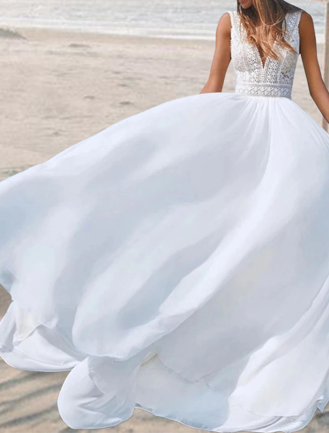 Beach Open Back Boho Wedding Dresses A-Line V Neck Sleeveless Floor Length Chiffon Bridal Gowns