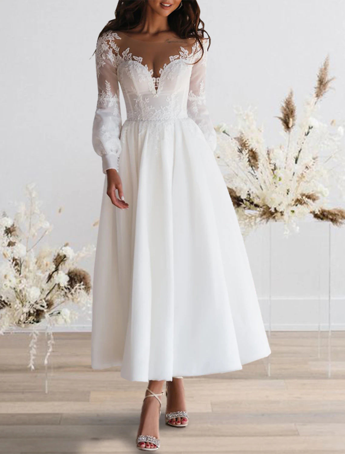 eception Vintage 1940s / 1950s Little White Dresses Wedding Dresses A-Line Illusion Neck Long Sleeve Ankle Length Chiffon Bridal Gowns With Appliques