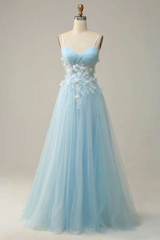 Sky Blue Spaghetti Straps A Line Tulle Long Prom Dress