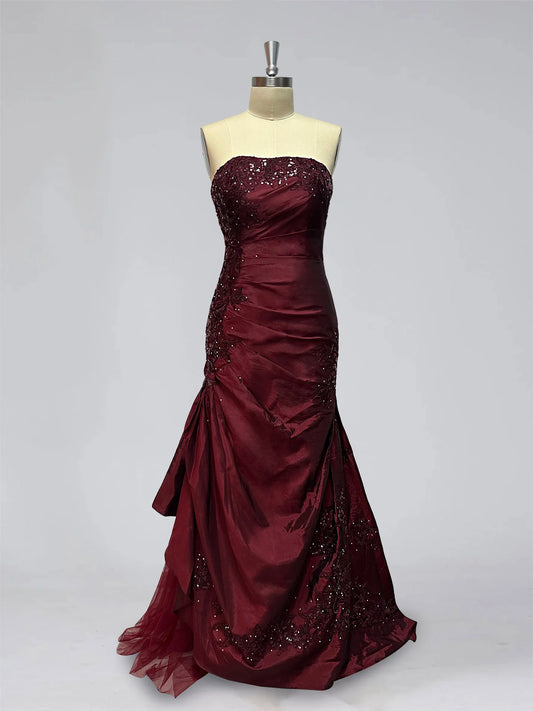 Trumpet/Mermaid Strapless Sleeveless Floor-Length Taffeta Prom Dresses with Ruffles，Embroidery & Beadings