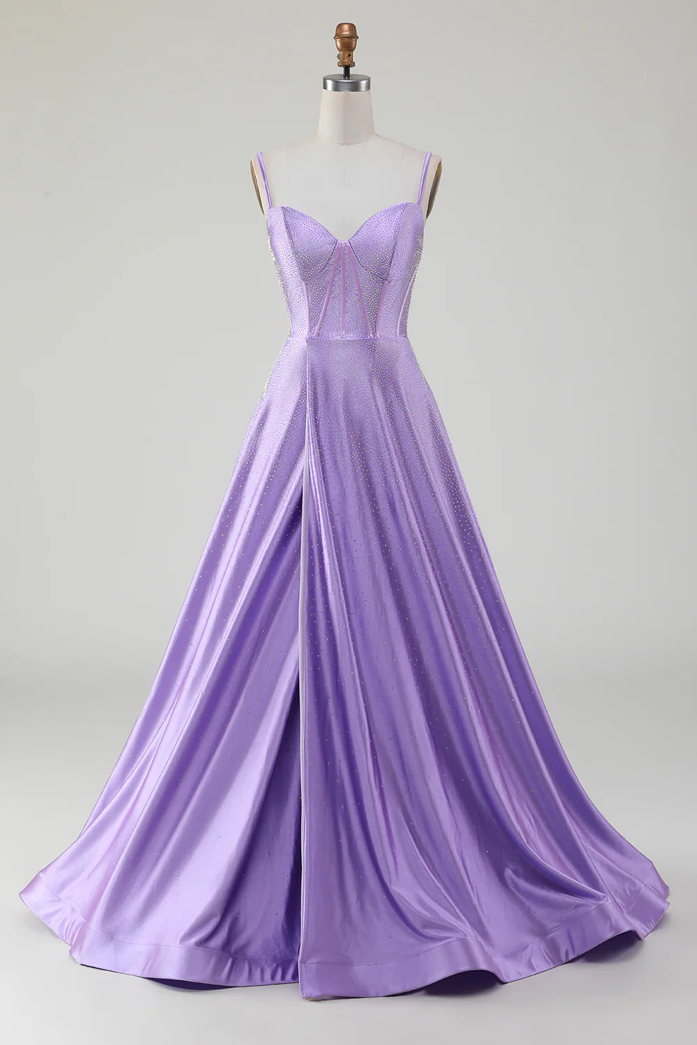 Simple Sparkly Lilac A-Line Side Slit Corset Prom Dresses With Rhinestones