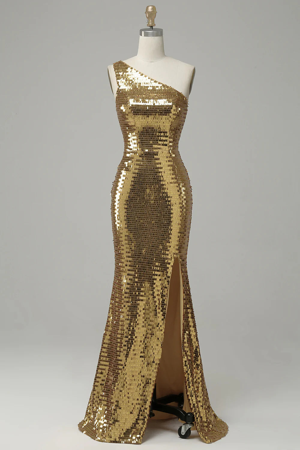 One Shoulder Gold Sequin Prom Dress With Slit