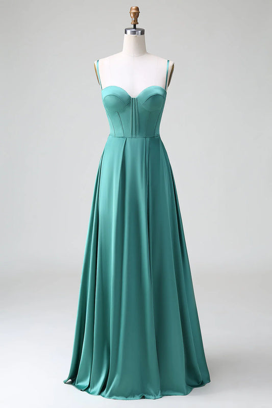 Eucalyptus A Line Spaghetti Straps Corset Pleated Satin Bridesmaid Dress