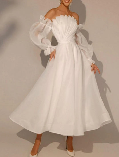 Little White Dresses Wedding Dresses A-Line Square Neck Long Sleeve Ankle Length Organza Bridal Gowns With Pleats Solid Color