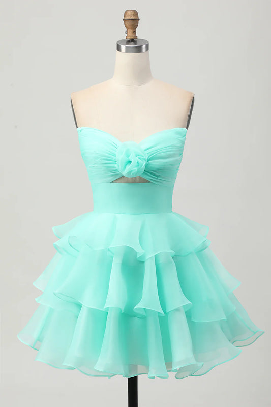 Green Floral Strapless Ruched Short Homecoming Dress with Ruffles