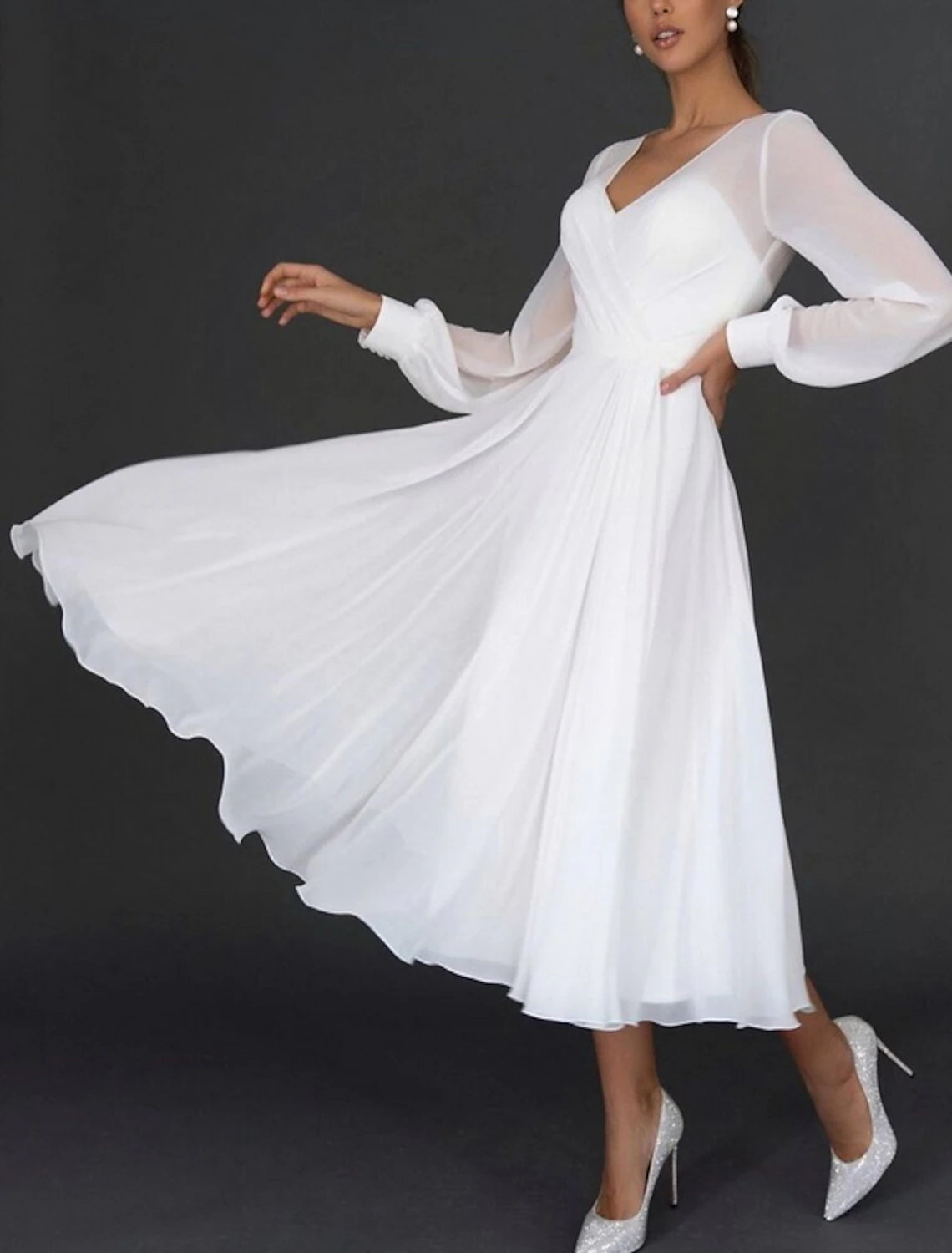 Reception Little White Dress Bridal Shower Dresses Wedding Dresses A-Line V Neck Long Sleeve Tea Length Chiffon Bridal Gowns With Pleats