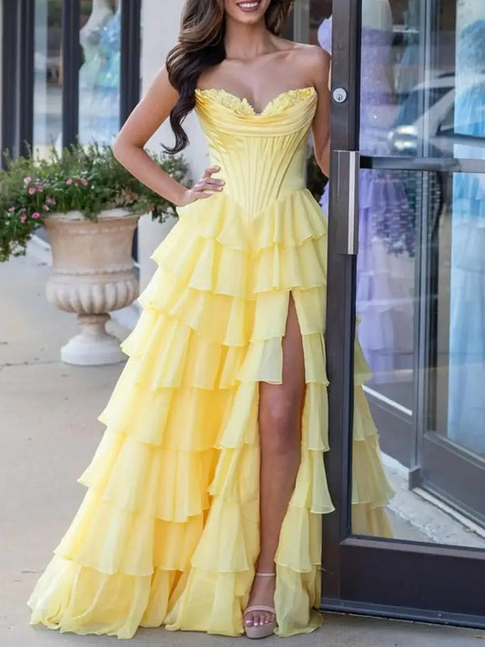 Strapless A-Line Ruffle Long Prom Dress With Split