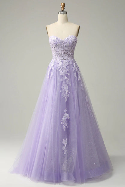 A Line Spaghetti Straps Long Purple Prom Dress With Appliques