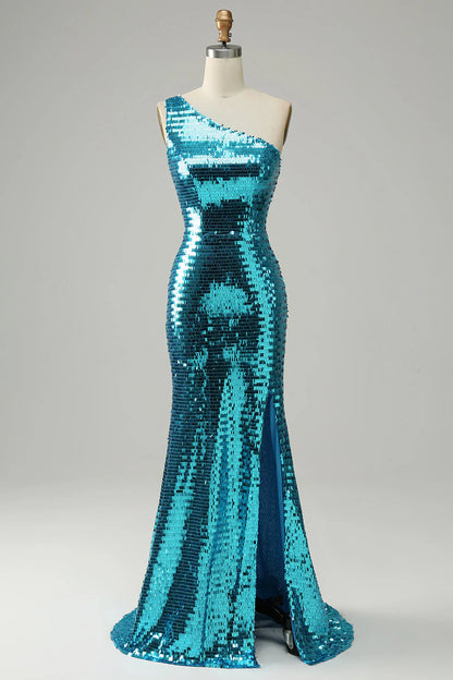 Sparkly Blue Sequins One Shoulder Long Prom Dress With Slit