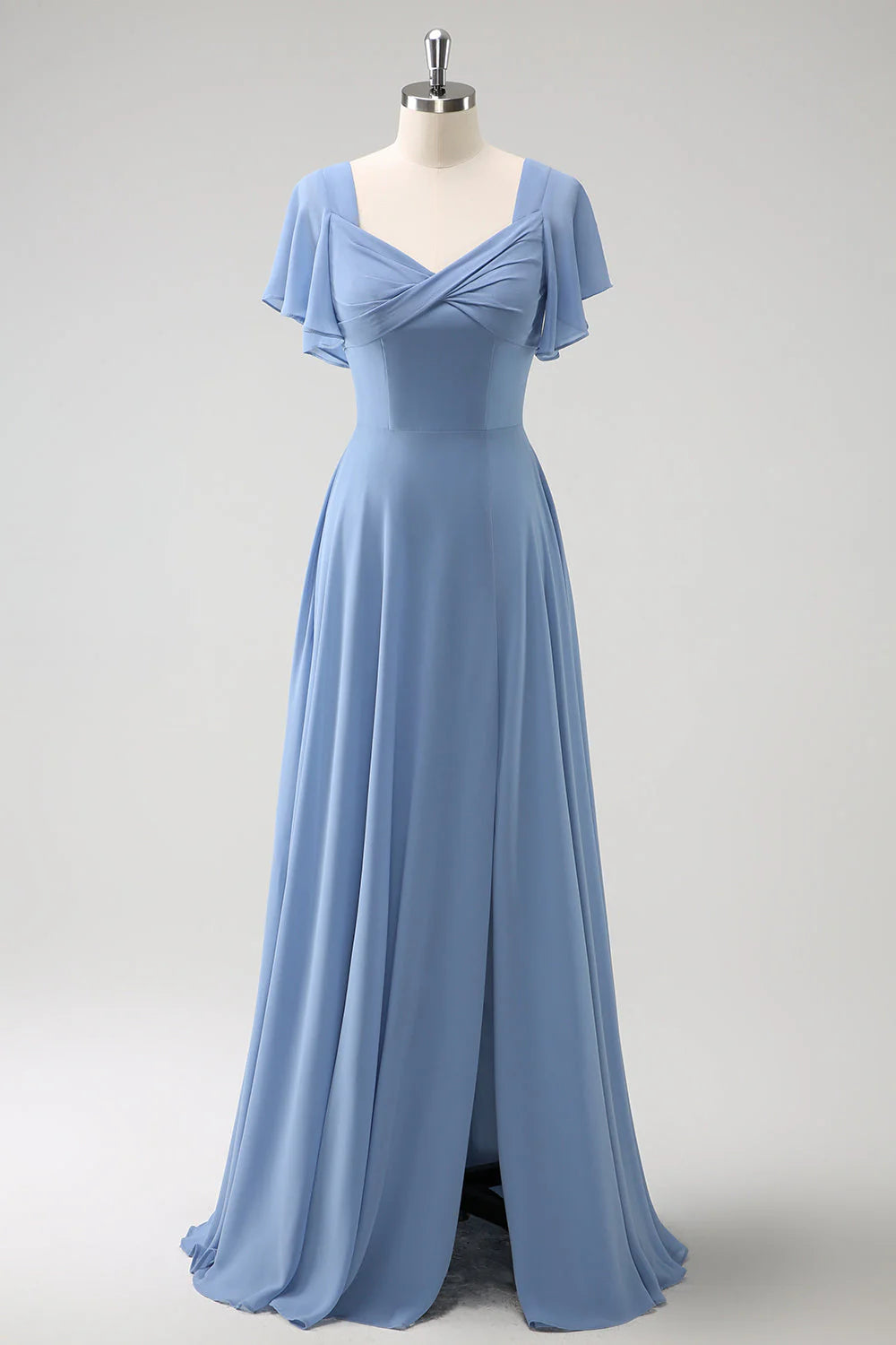 Grey Blue A Line Chiffon Long Bridesmaid Dress With Slit