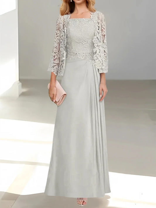 2 Pieces A-Line/Princess Scoop Floor-Length Mother of the Bride Dresses with Pleated & Lace Appliques
