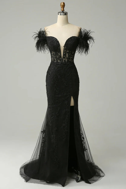 Off The Shoulder Black Long Mermaid Prom Dress With Feathers