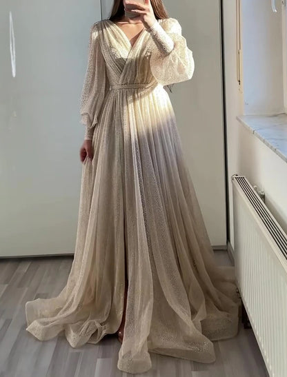 A-Line Prom Dresses Elegant Dress Formal Black Tie Floor Length Long Sleeve V Neck Fall Wedding Guest Tulle with Ruched dress to impress