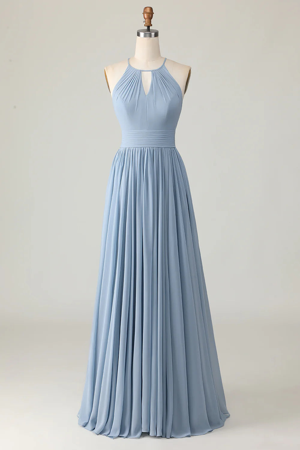 Dusty Blue Ruched Chiffon Halter Long Bridesmaid Dress with Keyhole