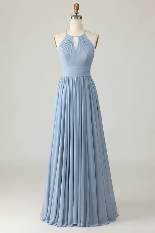Dusty Blue Ruched Chiffon Halter Long Bridesmaid Dress with Keyhole