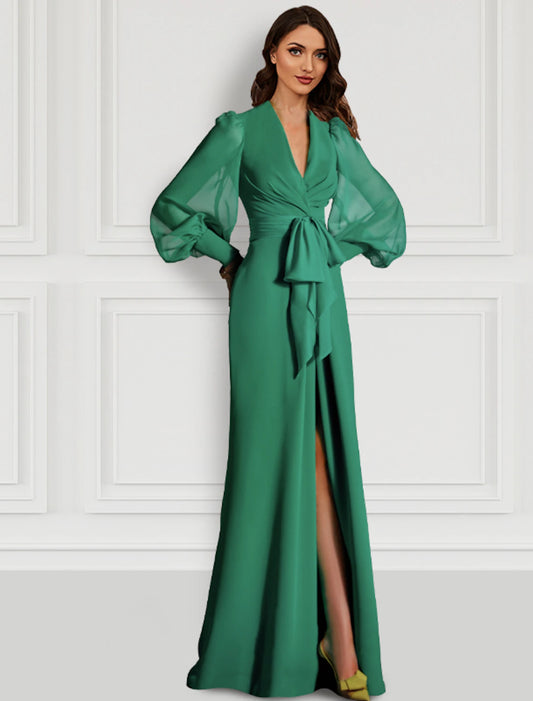 Mermaid / Trumpet Evening Gown Elegant Dress Formal Wedding Guest Sweep / Brush Train Long Sleeve V Neck Fall Wedding Guest Chiffon with Slit Strappy dress