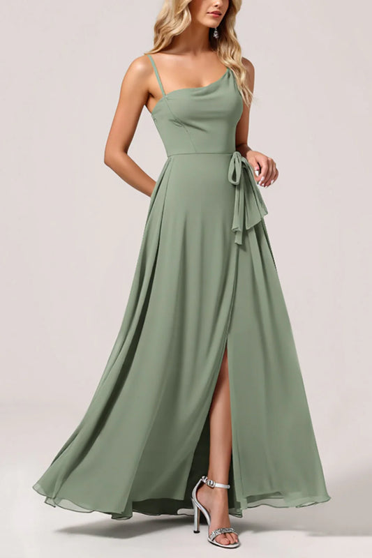 Eucalyptus Chiffon Long A Line Bridesmaid Dress with Slit
