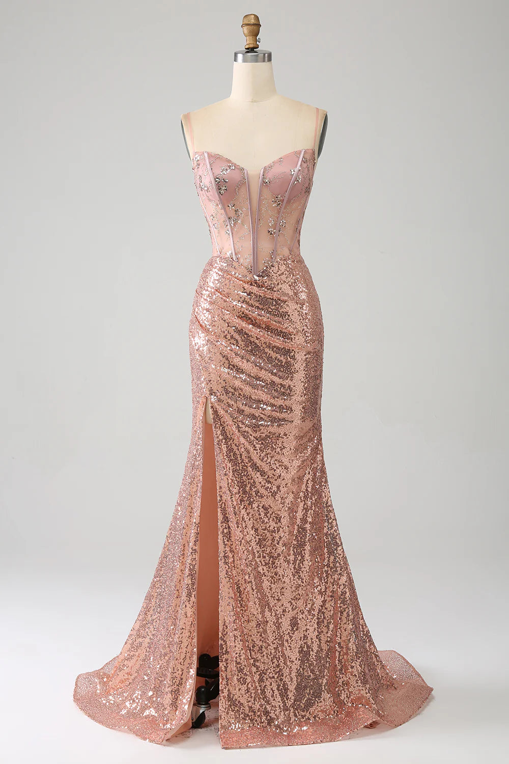 Rose Gold Mermaid Beaded Ruched Sequin Corset Prom Dress With Side Slit