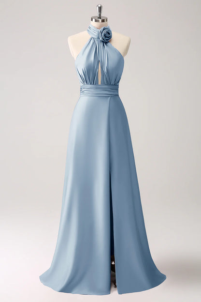 Dusty Blue Keyhole A-Line Satin Bridesmaid Dress With Slit