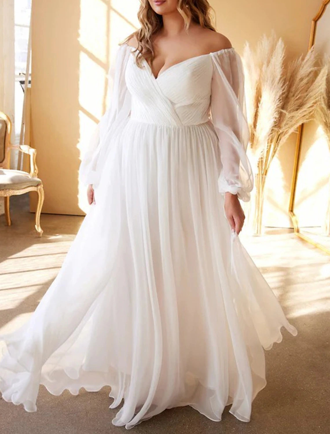 Beach Casual Simple Wedding Dresses A-Line Off Shoulder Long Sleeve Floor Length Chiffon Bridal Gowns With Pleats Solid Color