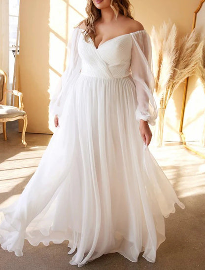 Beach Casual Simple Wedding Dresses A-Line Off Shoulder Long Sleeve Floor Length Chiffon Bridal Gowns With Pleats Solid Color