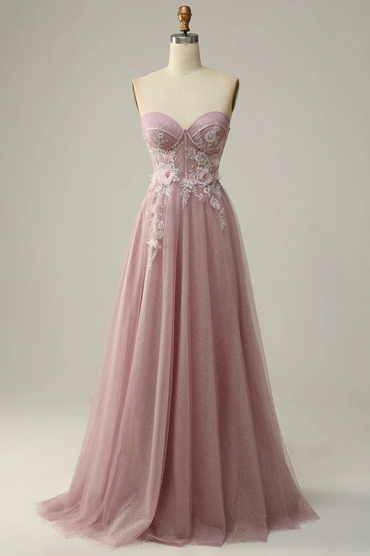 A Line Sweetheart Grey Purple Tulle Beaded Flower Prom Dress