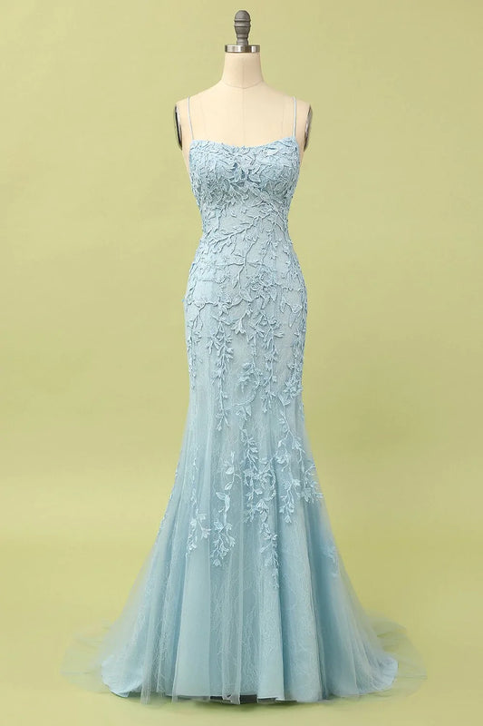 Blue Mermaid Long Prom Dress with Appliques