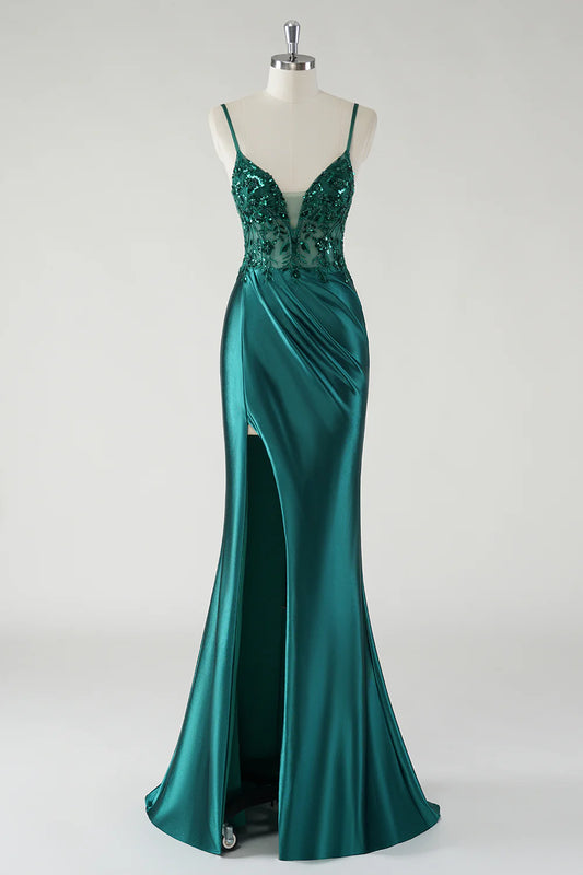 Sparkly Spaghetti Straps Dark Green Floral Satin Prom Dress with Slit