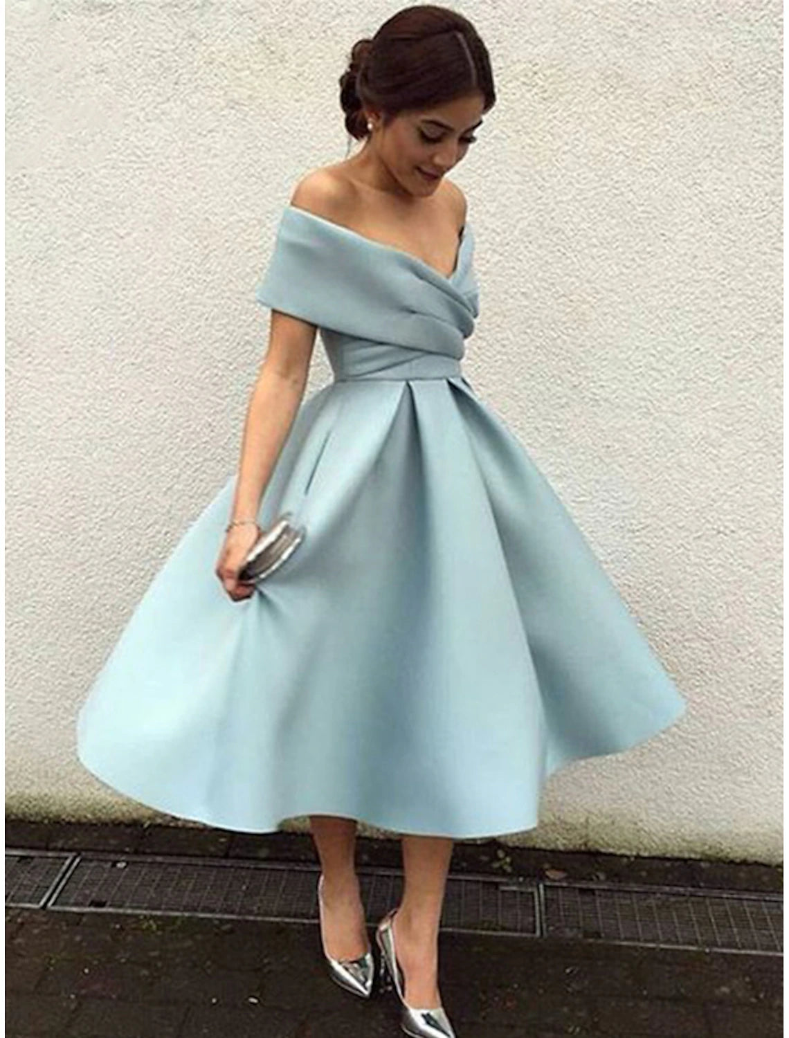 A-Line Cocktail Dresses Elegant Dress Wedding Guest Homecoming Tea Length Short Sleeve V Neck Stretch Fabric V Back with Pleats