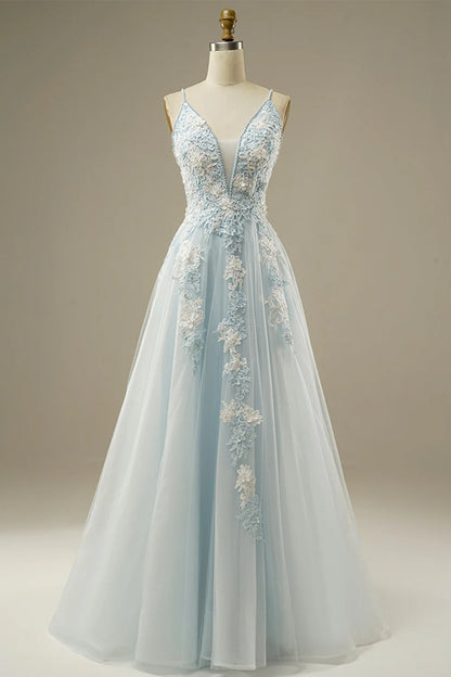 A-Line Light Blue Tulle Prom Dress