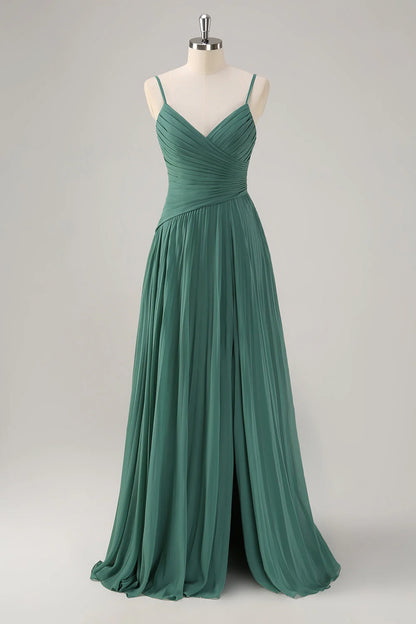 Eucalyptus A-Line Spaghetti Straps Pleated Chiffon Bridesmaid Dress With Slit