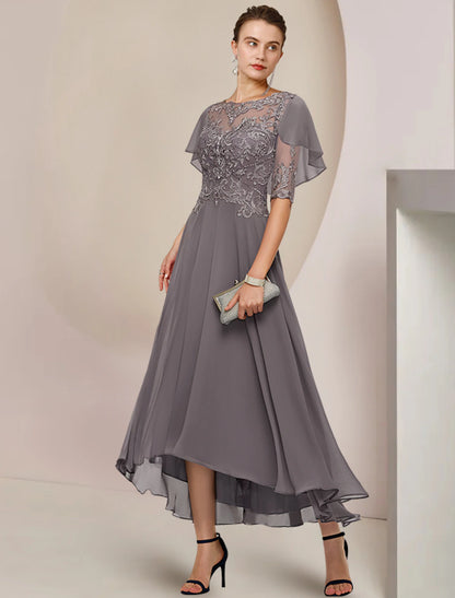 A-Line Mother of the Bride Dress Formal Wedding Guest Elegant Scoop Neck Asymmetrical Tea Length Chiffon Lace Half Sleeve with Beading Appliques dress