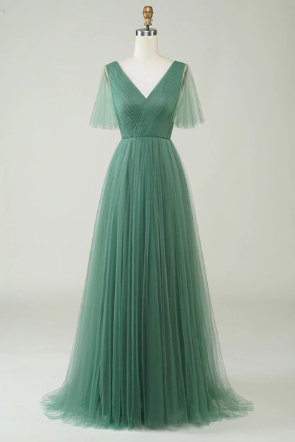 Eucalyptus V Neck Open Back A-Line Tulle Bridesmaid Dress