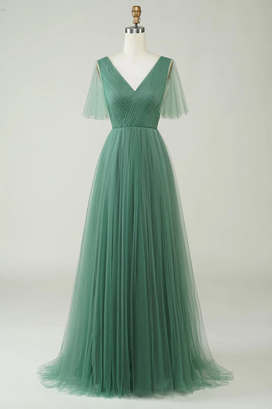 Eucalyptus V Neck Open Back A-Line Tulle Bridesmaid Dress