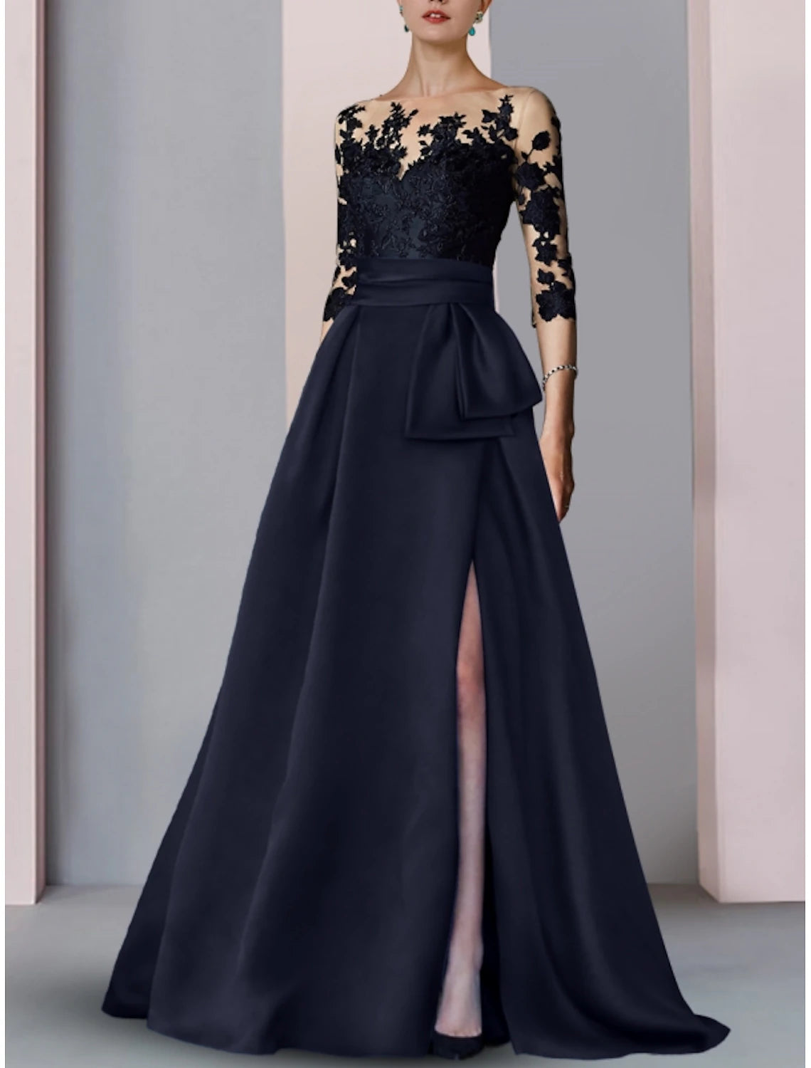 A-Line Evening Gown High Split Dress Formal Fall Sweep / Brush Train Half Sleeve Illusion Neck Satin with Slit Embroidery dress