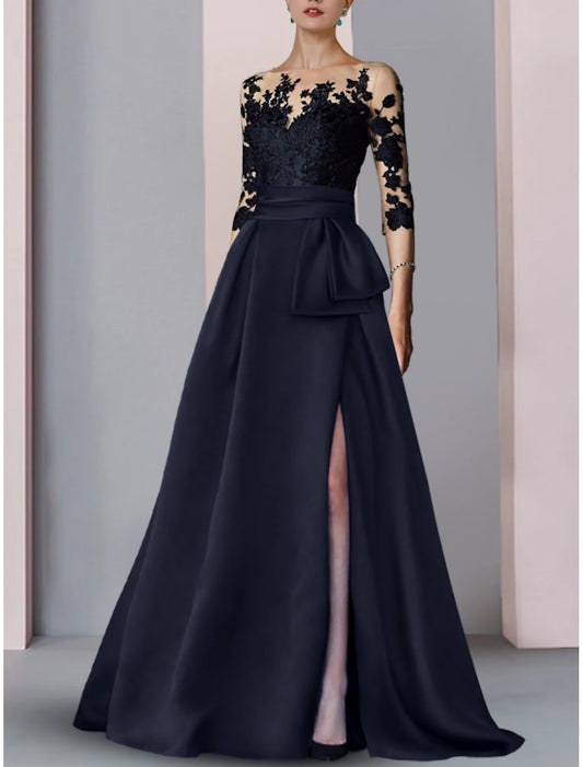 A-Line Evening Gown High Split Dress Formal Fall Sweep / Brush Train Half Sleeve Illusion Neck Satin with Slit Embroidery dress