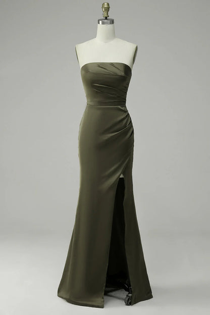 Green Strapless Satin Prom Dress With Slit