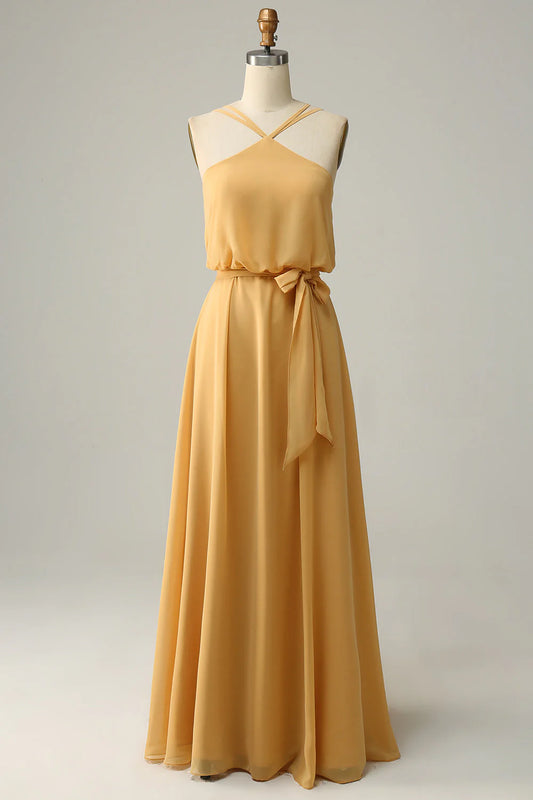 A Line Halter Yellow Long Bridemaid Dress With Bowknot