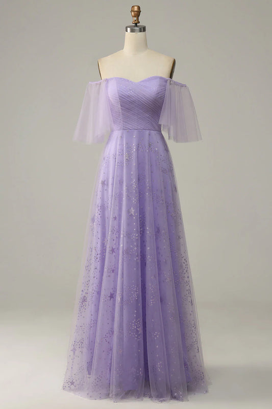 Off Shoulder Lavender Prom Dress With Ruffles