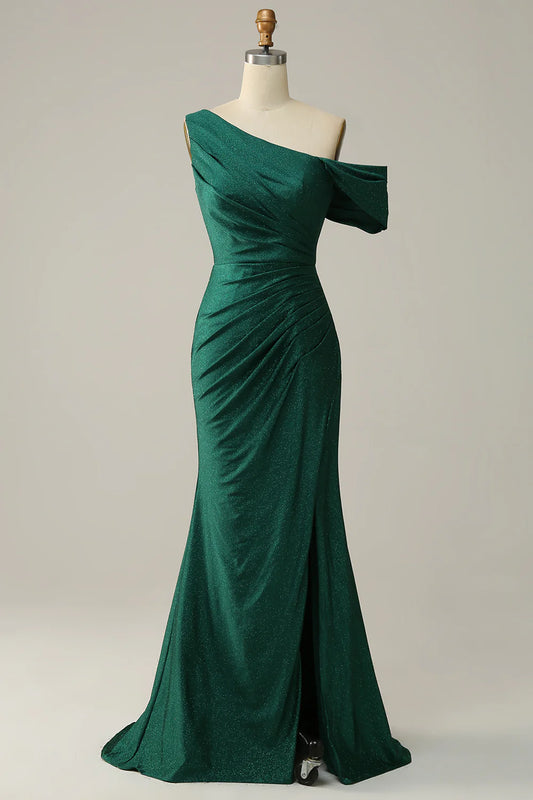 Dark Green One Shoulder Mermaid Satin Prom Dress With Slit