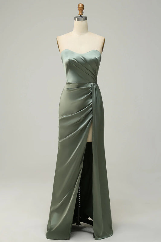 Strapless Eucalyptus Long Bridesmaid Dress With Slit