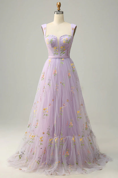 A Line Purple Tulle Floral Prom Dress