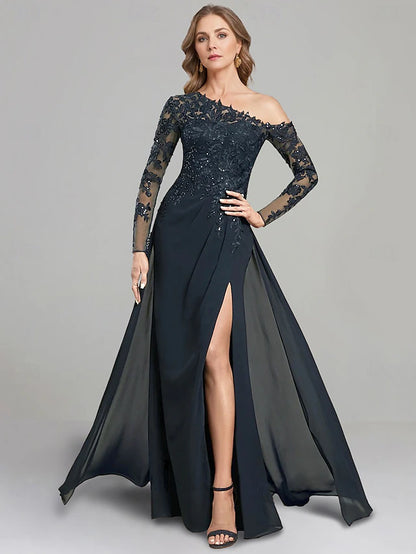 Sheath Dress Mother of the Bride Dress Formal Elegant One Shoulder Floor Length Chiffon Long Sleeve with Lace Solid Color