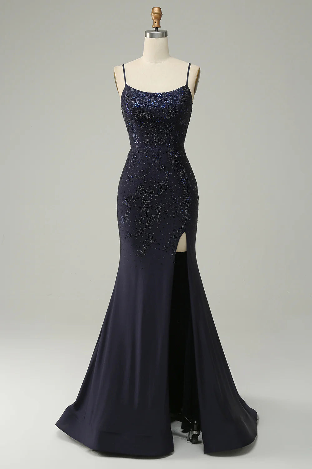 Navy Strapless Sweetheart Beaded Prom Dress With Split