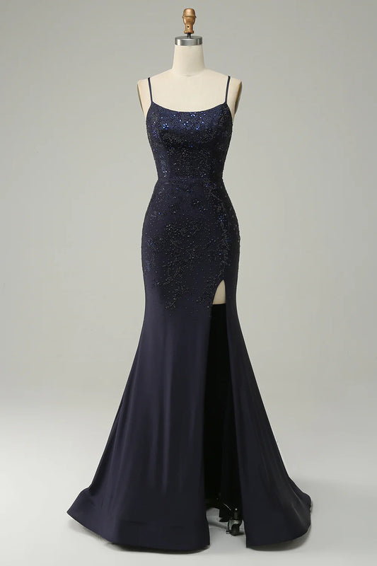 Navy Strapless Sweetheart Beaded Prom Dress With Split